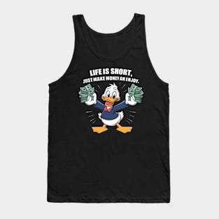 A vectordesign trending concept for A cartoon happy character duck, holding bundles of money in both his hands. (2) Tank Top